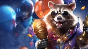 Image featuring a raccoon in a spacesuit holding a gift box, promoting the weekly bonus at Kometa Casino with a playful cosmic theme.