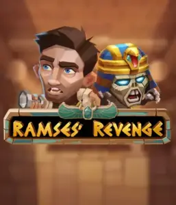 Explore the mysterious world of Ramses' Revenge slot by Relax Gaming, highlighting a frightened explorer and a menacing mummy set against an Egyptian tomb backdrop. This graphic captures the excitement of ancient Egyptian myths, ideal for fans of Egyptian-themed slots, providing a thrilling gaming experience. 